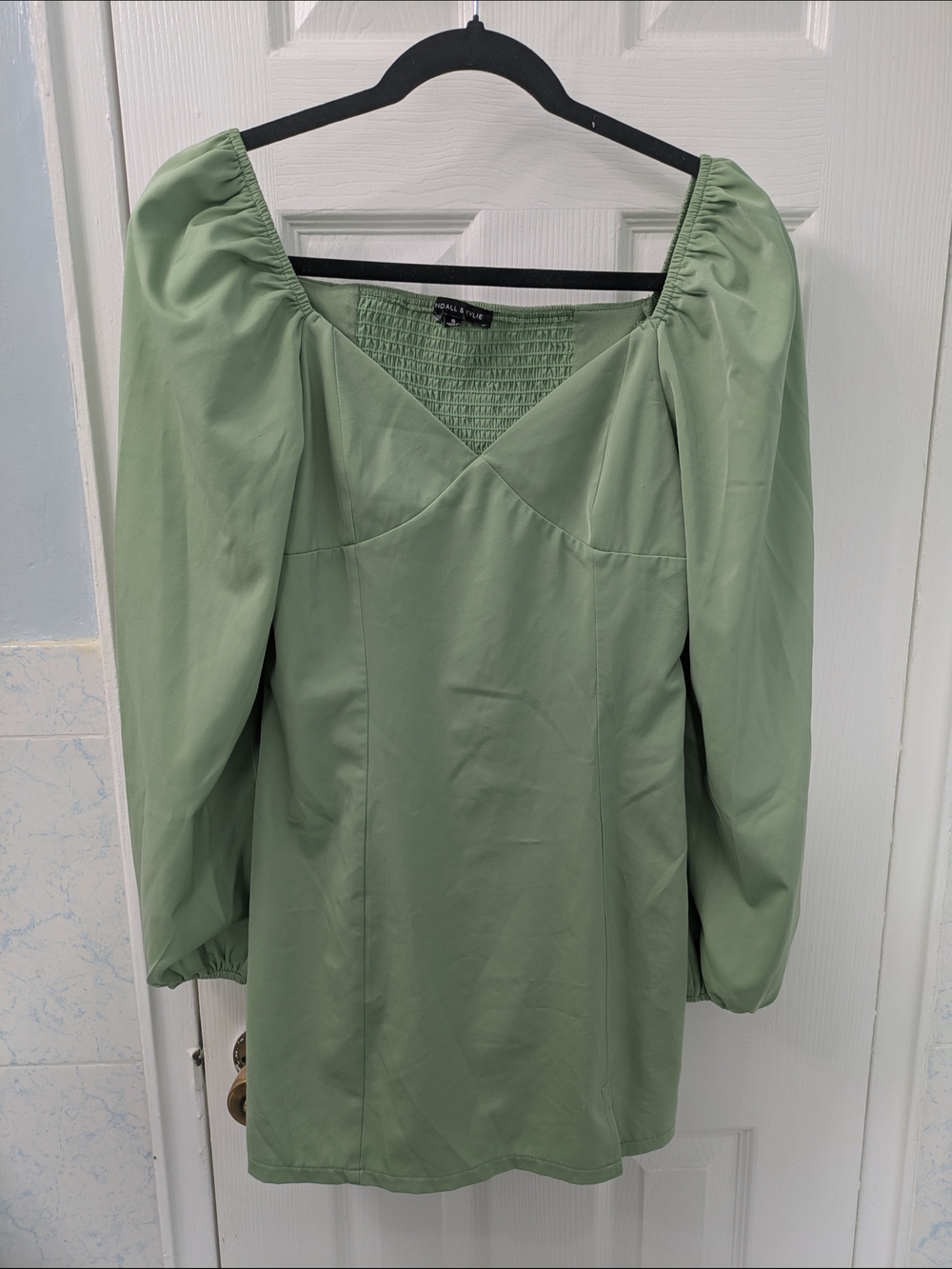 Kendall & Kylie Sage Green Mini Dress with Puff Sleeves